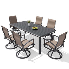 7-piece patio dining set with aluminum expandable table and 6 Sunbrella swivel rockers.