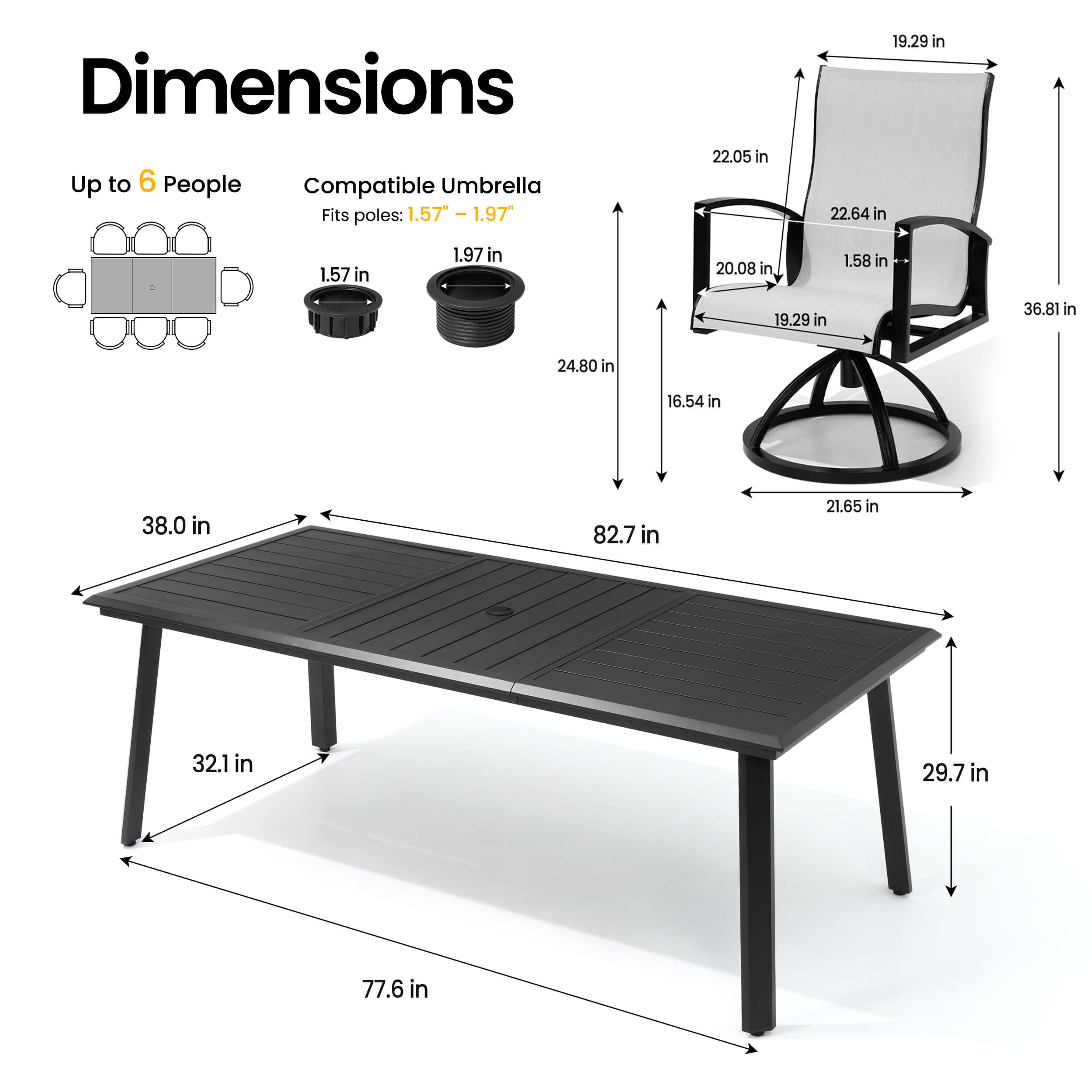 Dimensions of 82.7" patio dining table with umbrella hole and Sunbrella swivel rocker chair.