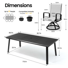 Dimensions of 82.7" patio dining table with umbrella hole and Sunbrella swivel rocker chair.
