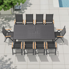 Aluminum Dining Set with Umbrella Hole, Textilene & Teak Chairs