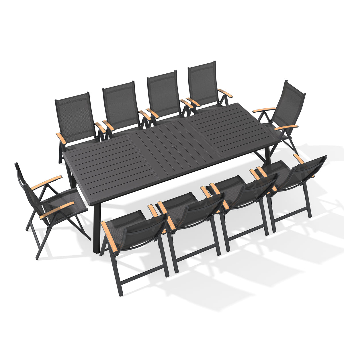 Aluminum Dining Set with Umbrella Hole, Textilene & Teak Chairs