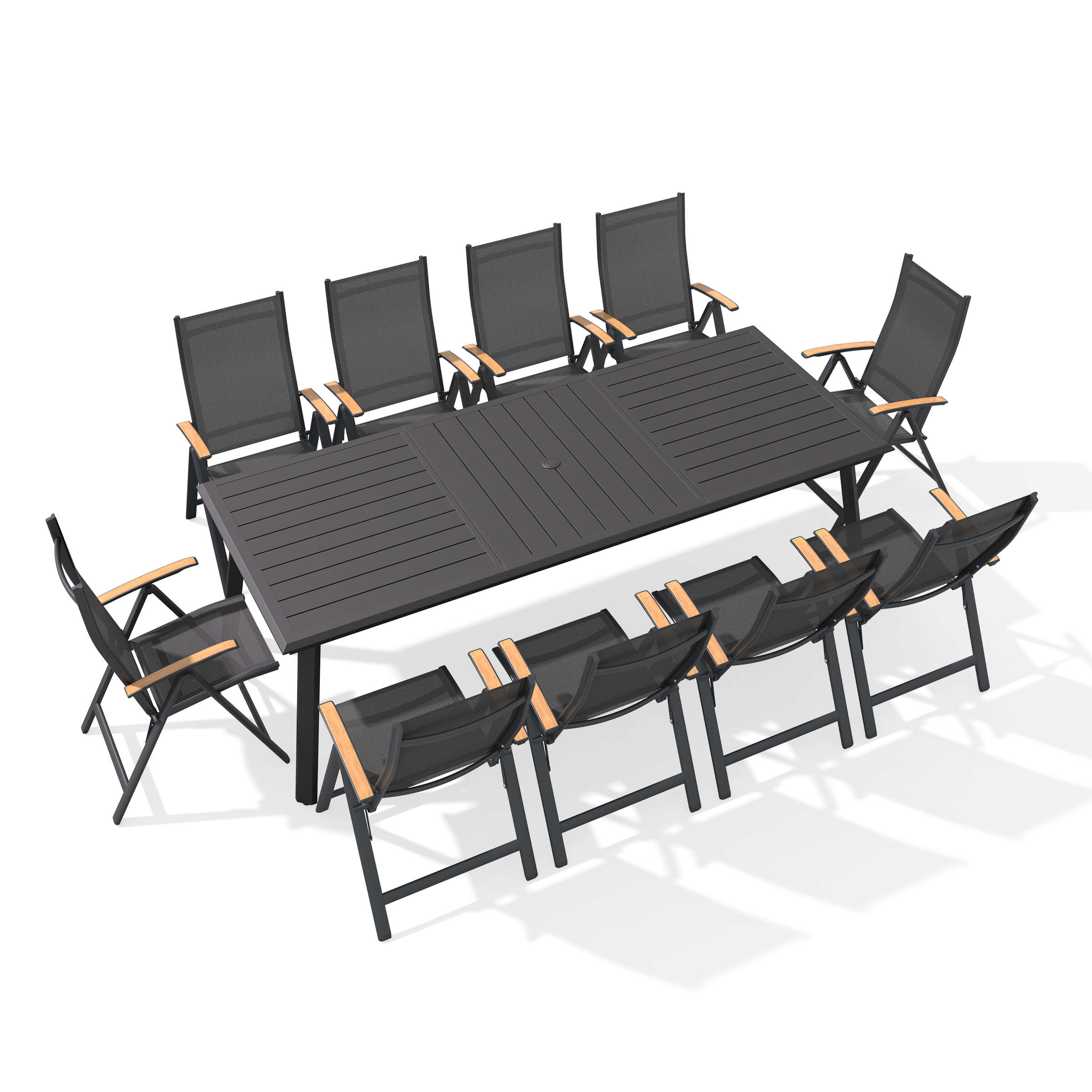 11-piece patio dining set with aluminum expandable table and 10 folding textilene chairs.