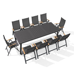 11-piece patio dining set with aluminum expandable table and 10 folding textilene chairs.
