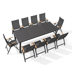 Aluminum Dining Set with Umbrella Hole, Textilene & Teak Chairs