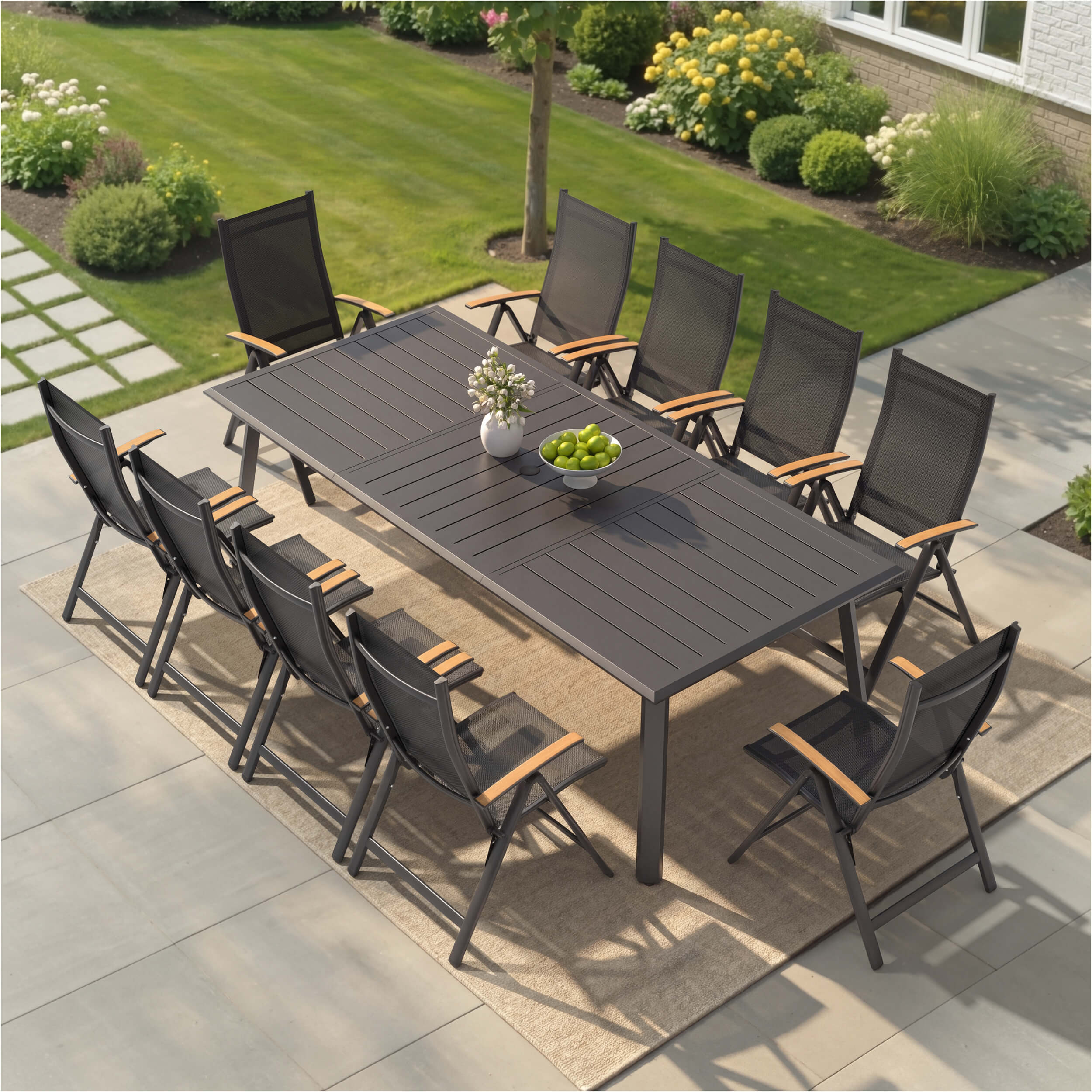 11-piece patio dining set with aluminum expandable table and 10 folding textilene chairs on patio.