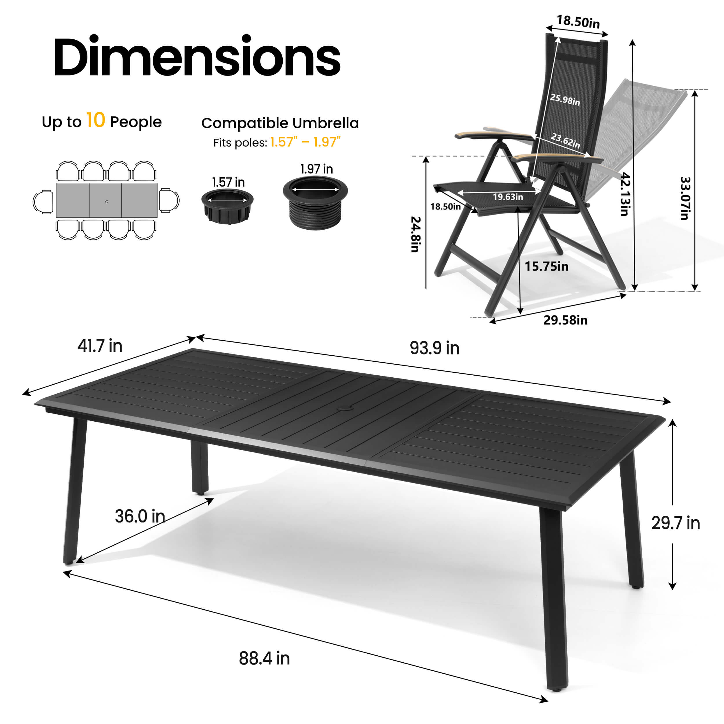 Dimensions of 93.9" patio dining table with umbrella hole and adjustable textilene chair.