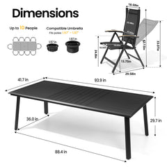 Dimensions of 93.9" patio dining table with umbrella hole and adjustable textilene chair.