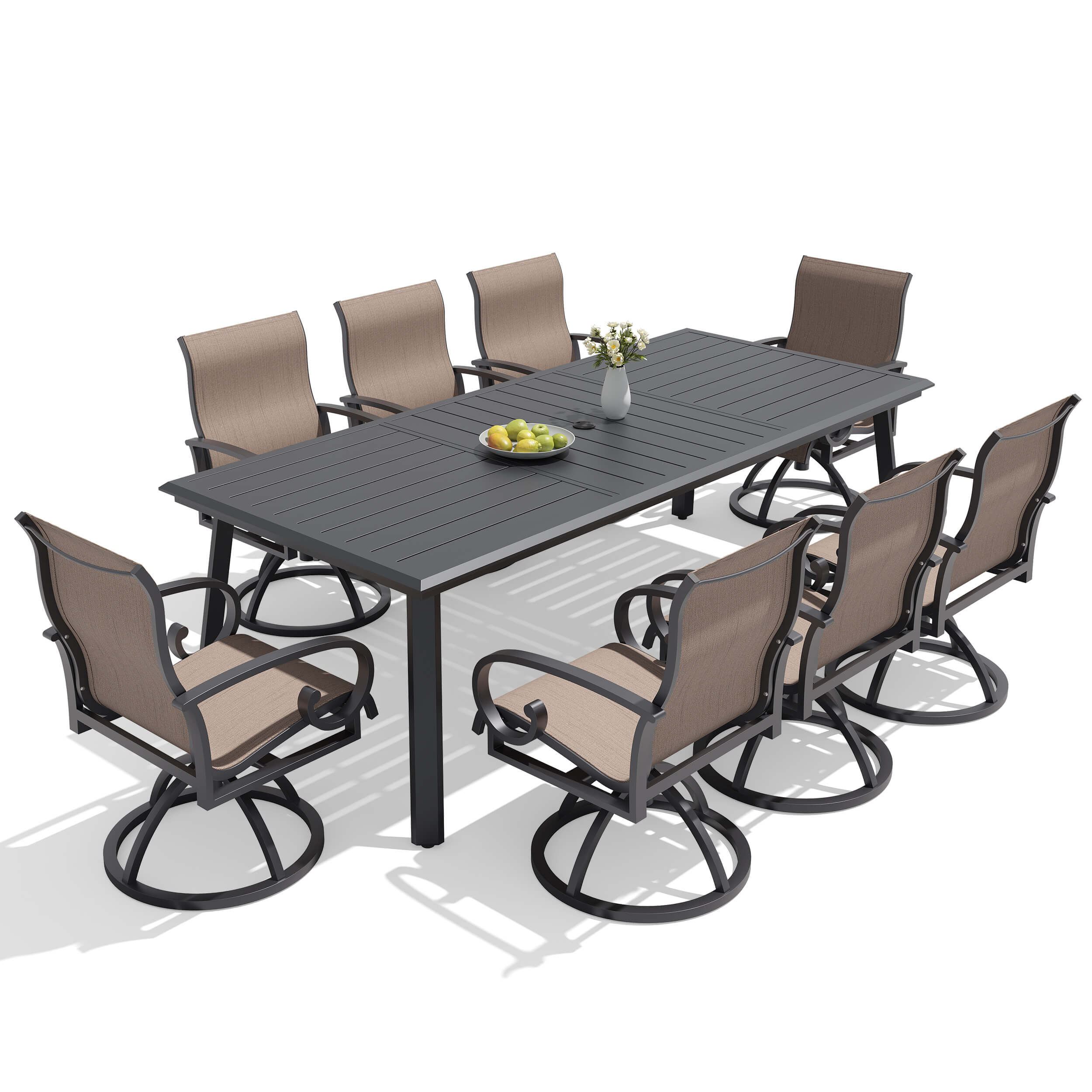 9-piece patio dining set with aluminum expandable table and 8 swivel Sunbrella chairs.