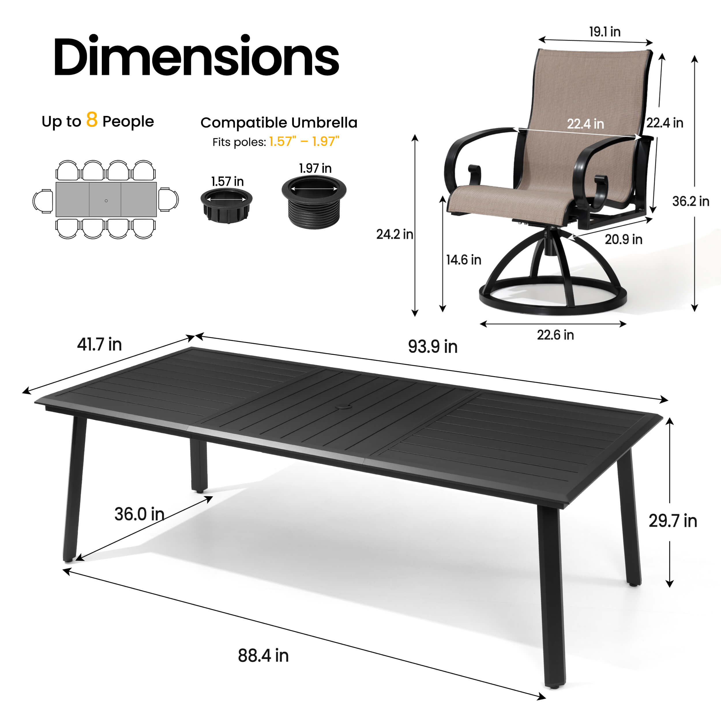 Dimensions of 93.9" patio dining table with umbrella hole and swivel Sunbrella chair.