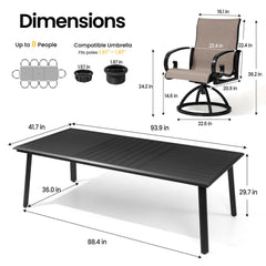 Dimensions of 93.9" patio dining table with umbrella hole and swivel Sunbrella chair.