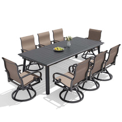 9-piece patio dining set with aluminum expandable table and 8 swivel Sunbrella chairs.