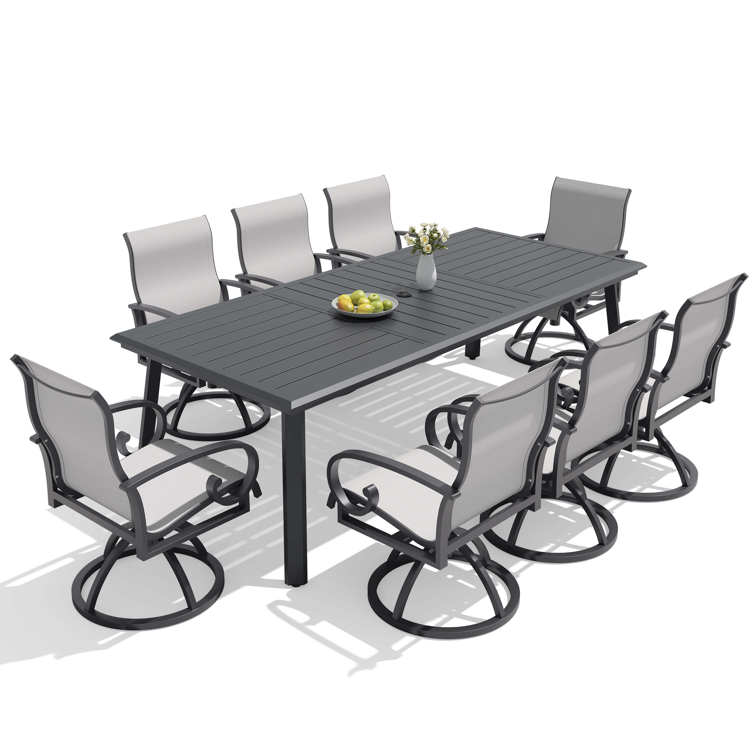 9-piece patio dining set with aluminum expandable table and 8 grey swivel Sunbrella chairs.