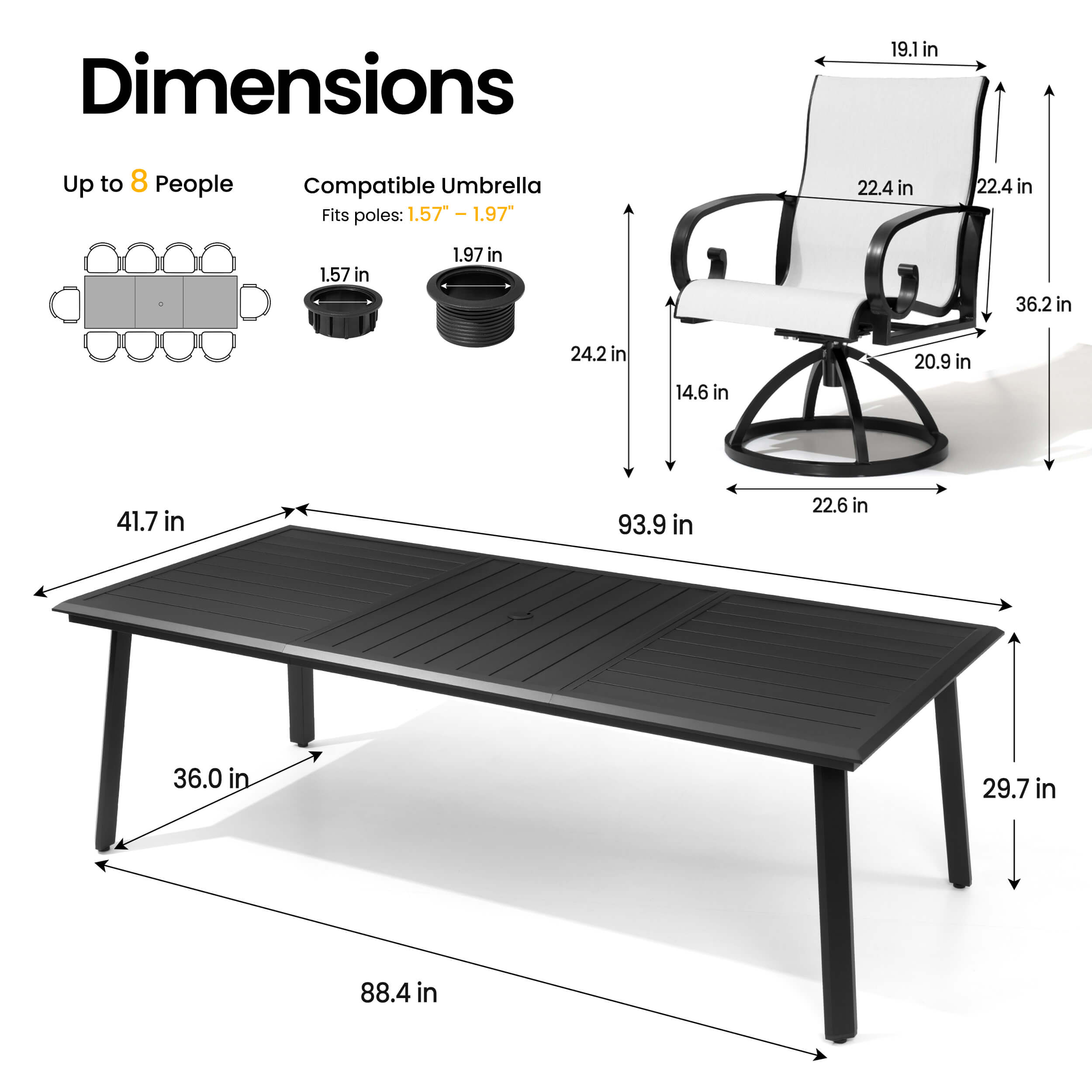 Dimensions of 93.9" patio dining table with umbrella hole and grey swivel Sunbrella chair.