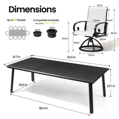 Dimensions of 93.9" patio dining table with umbrella hole and grey swivel Sunbrella chair.