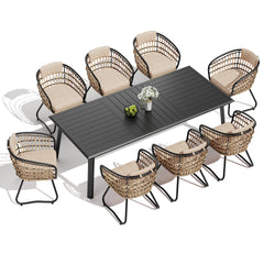 Aluminum Dining Set with Umbrella Hole, Wicker Chairs & Cushions