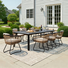 Aluminum Dining Set with Umbrella Hole, Wicker Chairs & Cushions