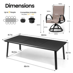 Dimensions of 93.9" patio dining table with umbrella hole and Sunbrella swivel rocker chair.