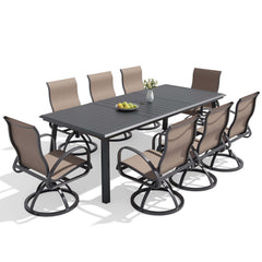 9-piece patio dining set with aluminum expandable table and 8 Sunbrella swivel rockers.