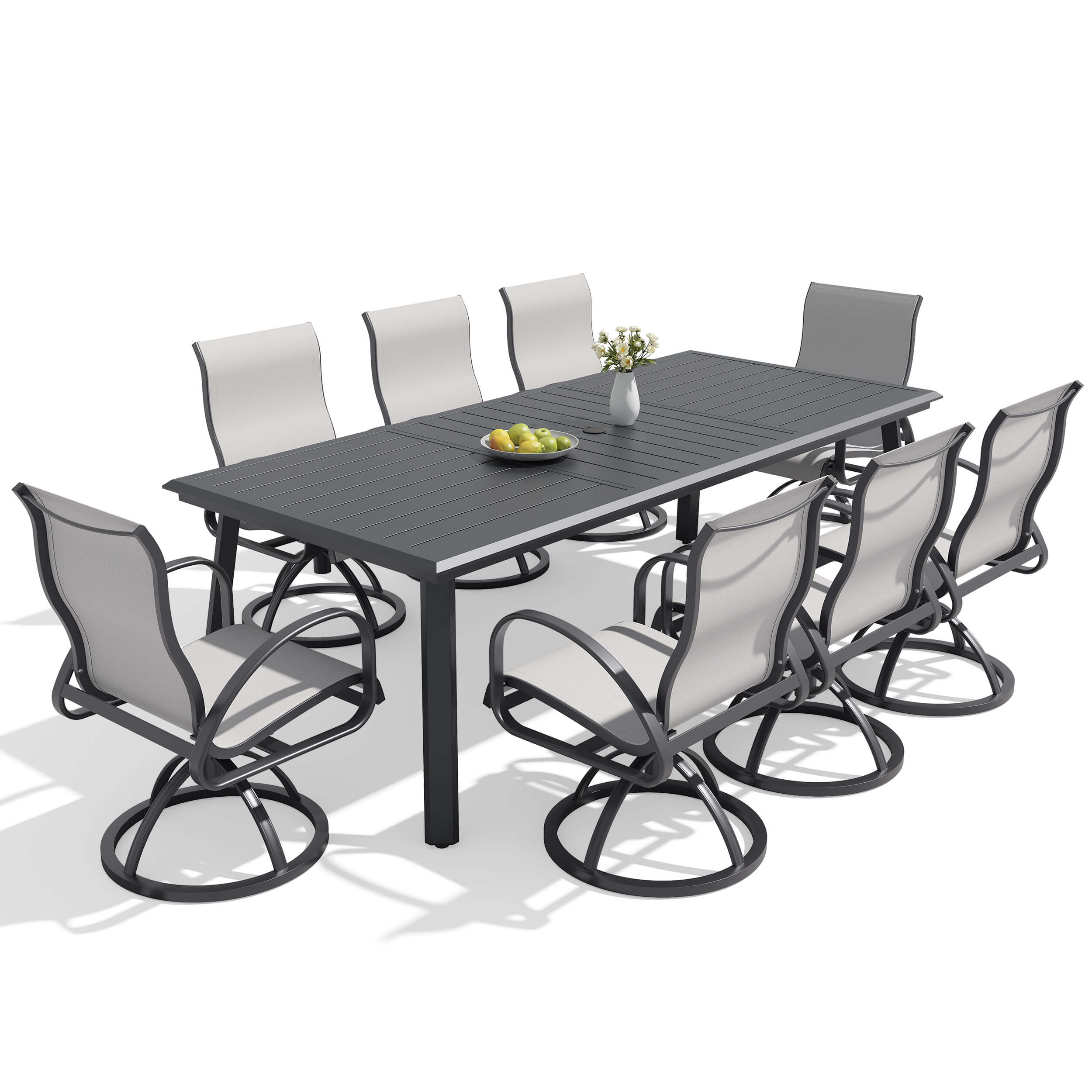 9-piece patio dining set with aluminum expandable table and 8 Sunbrella swivel rockers.