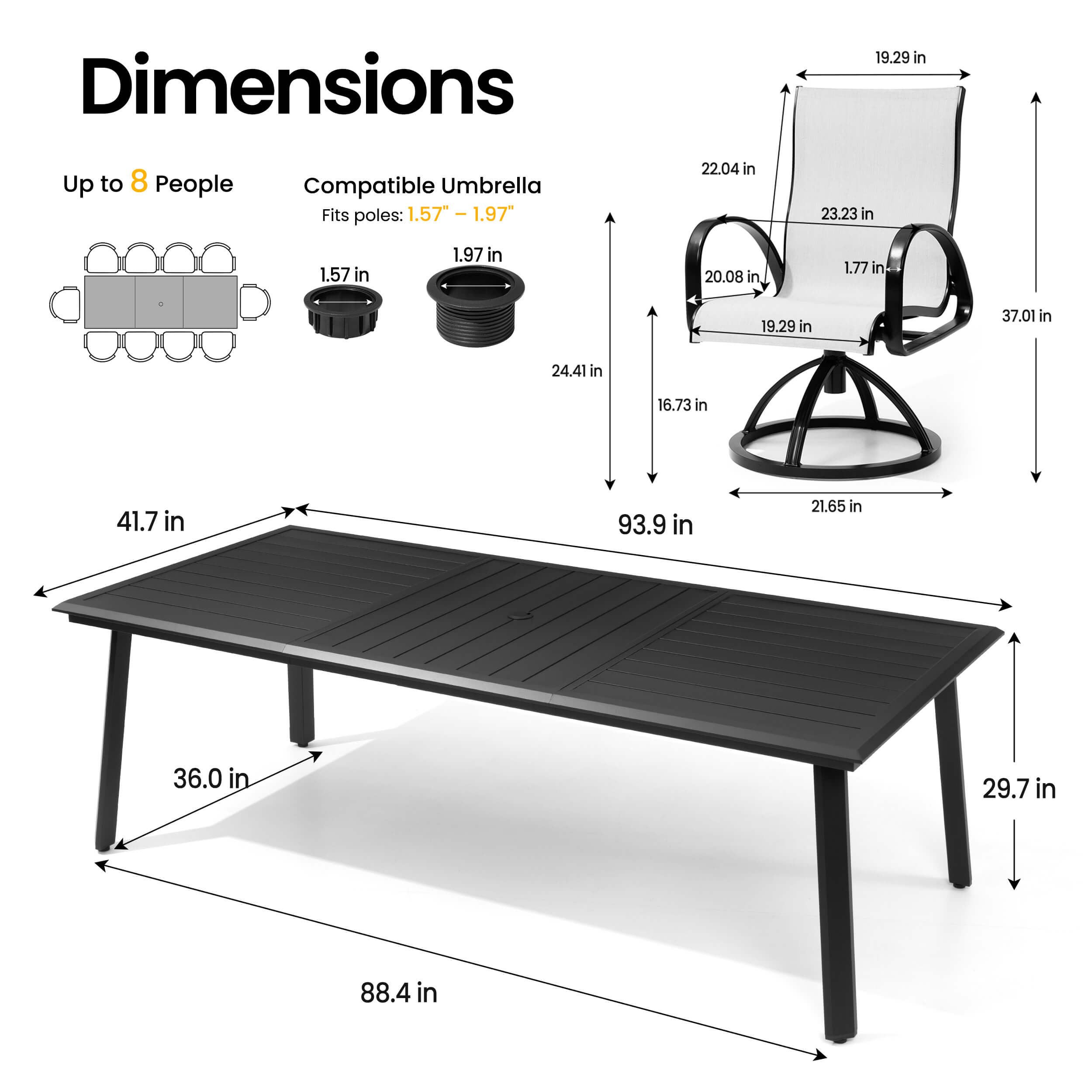 Dimensions of 93.9" patio dining table with umbrella hole and Sunbrella swivel rocker chair.