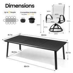 Dimensions of 93.9" patio dining table with umbrella hole and Sunbrella swivel rocker chair.