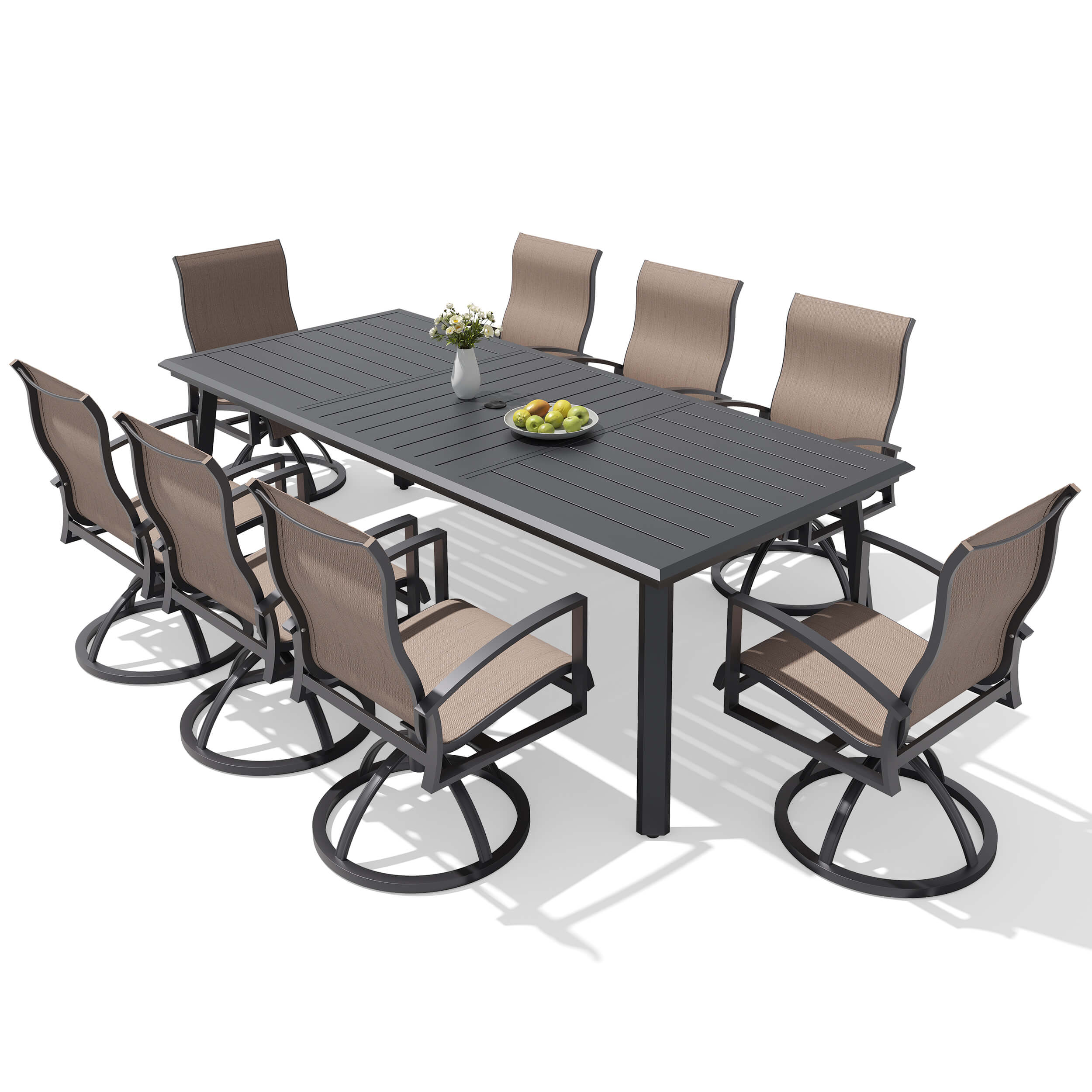 9-piece patio dining set with aluminum expandable table and 8 Sunbrella swivel rockers.