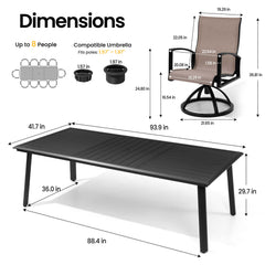 Dimensions of 93.9" patio dining table with umbrella hole and Sunbrella swivel rocker chair.