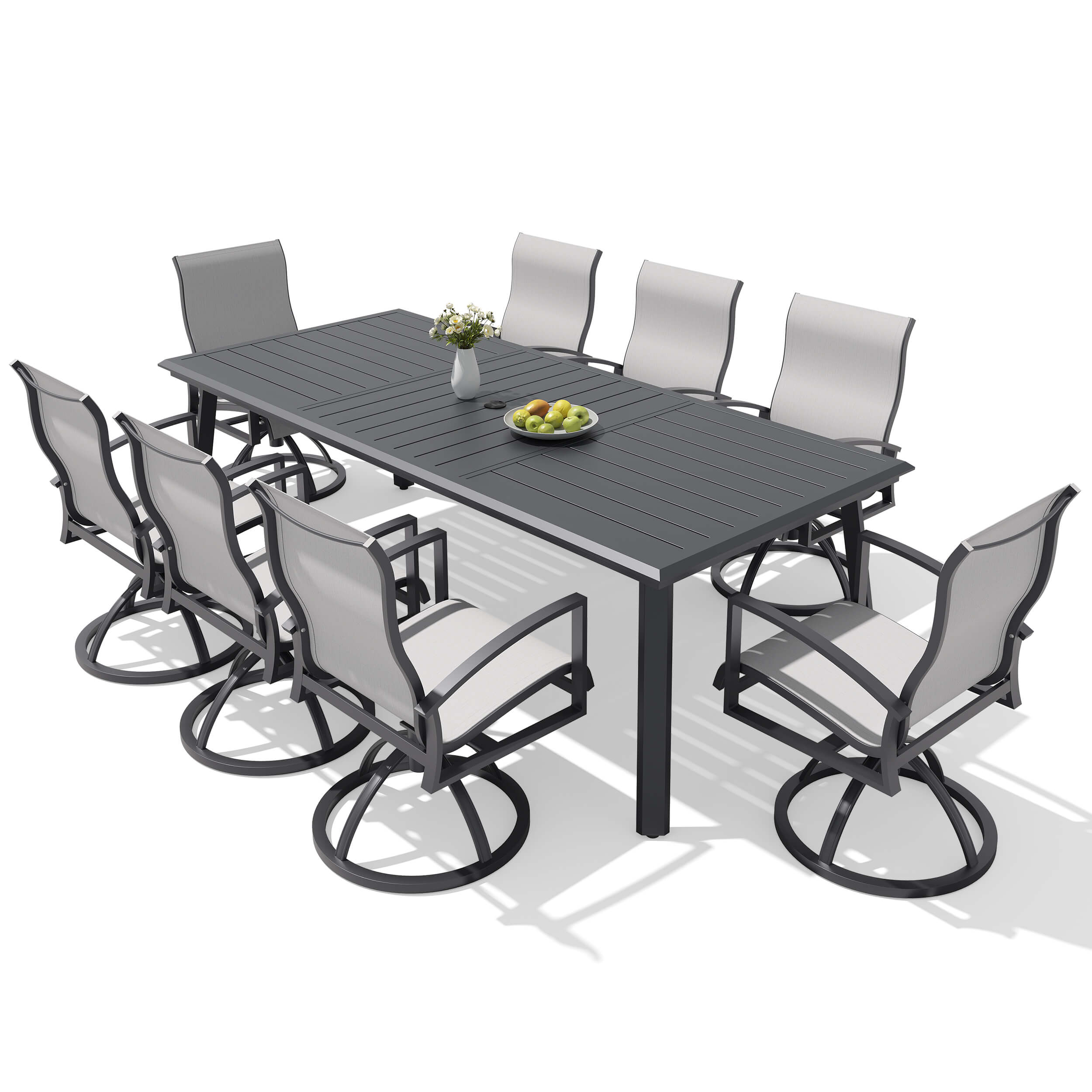 9-piece patio dining set with aluminum expandable table and 8 Sunbrella swivel rockers.