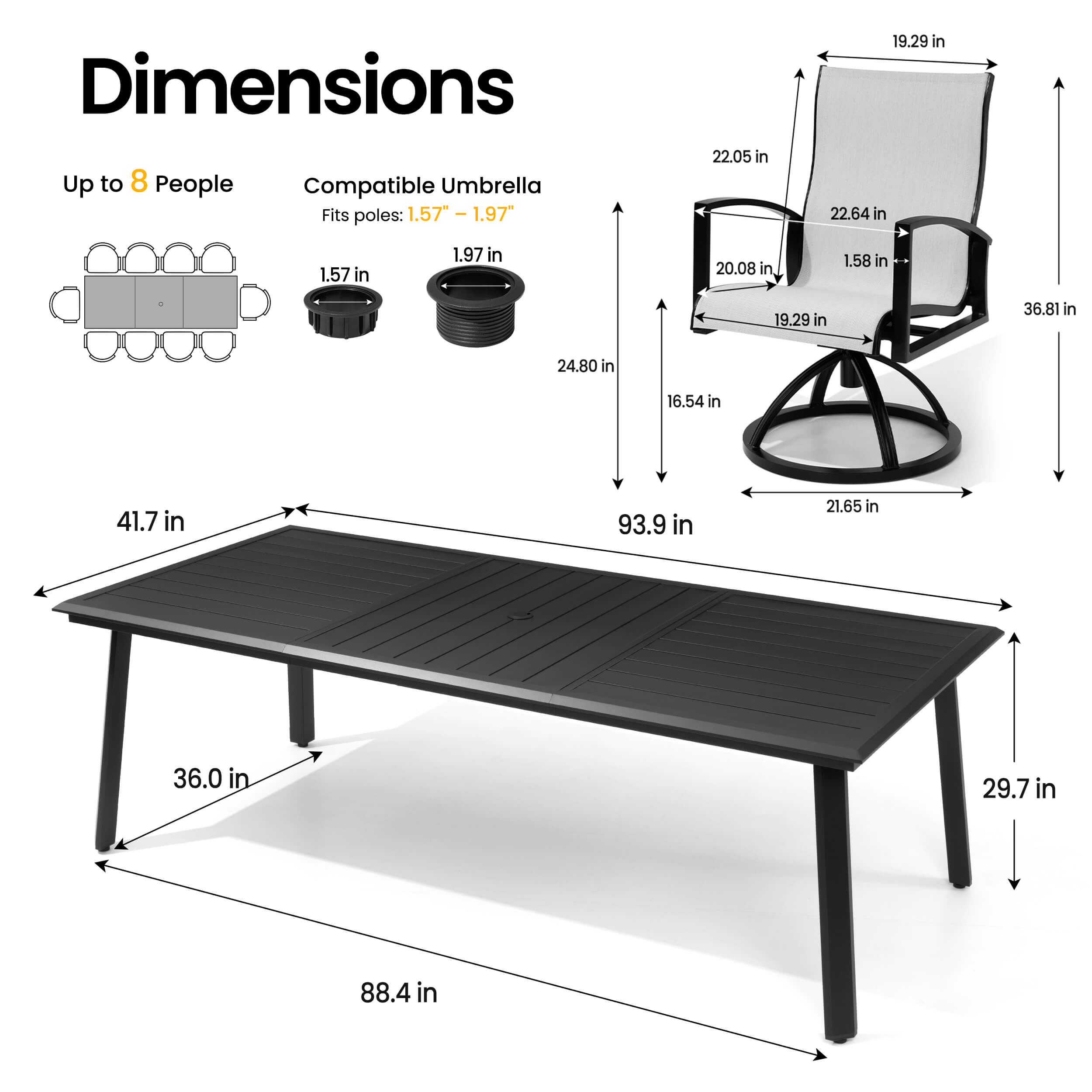 Dimensions of 93.9" patio dining table with umbrella hole and Sunbrella swivel rocker chair.