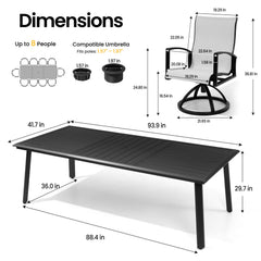 Dimensions of 93.9" patio dining table with umbrella hole and Sunbrella swivel rocker chair.