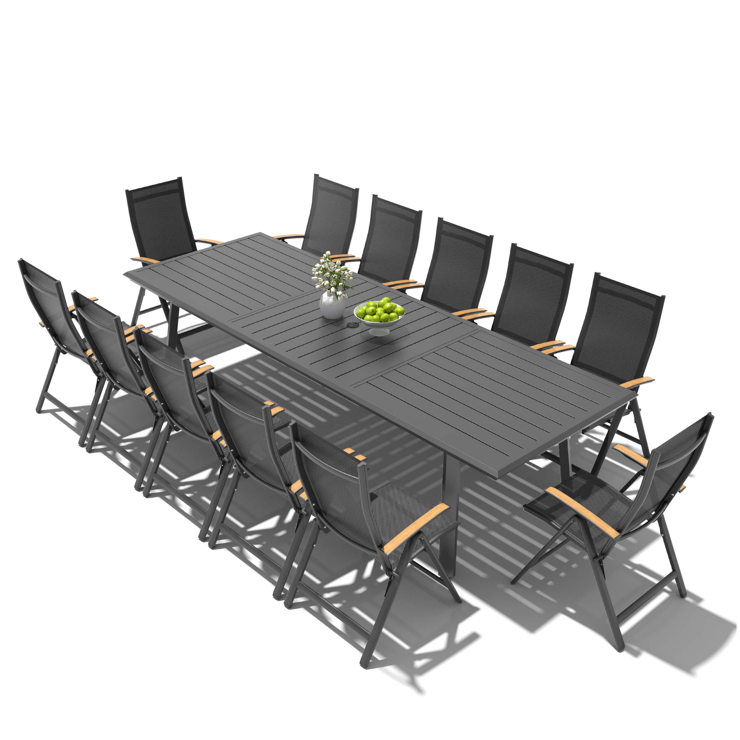 13-piece patio dining set with aluminum expandable table and 12 folding textilene chairs.