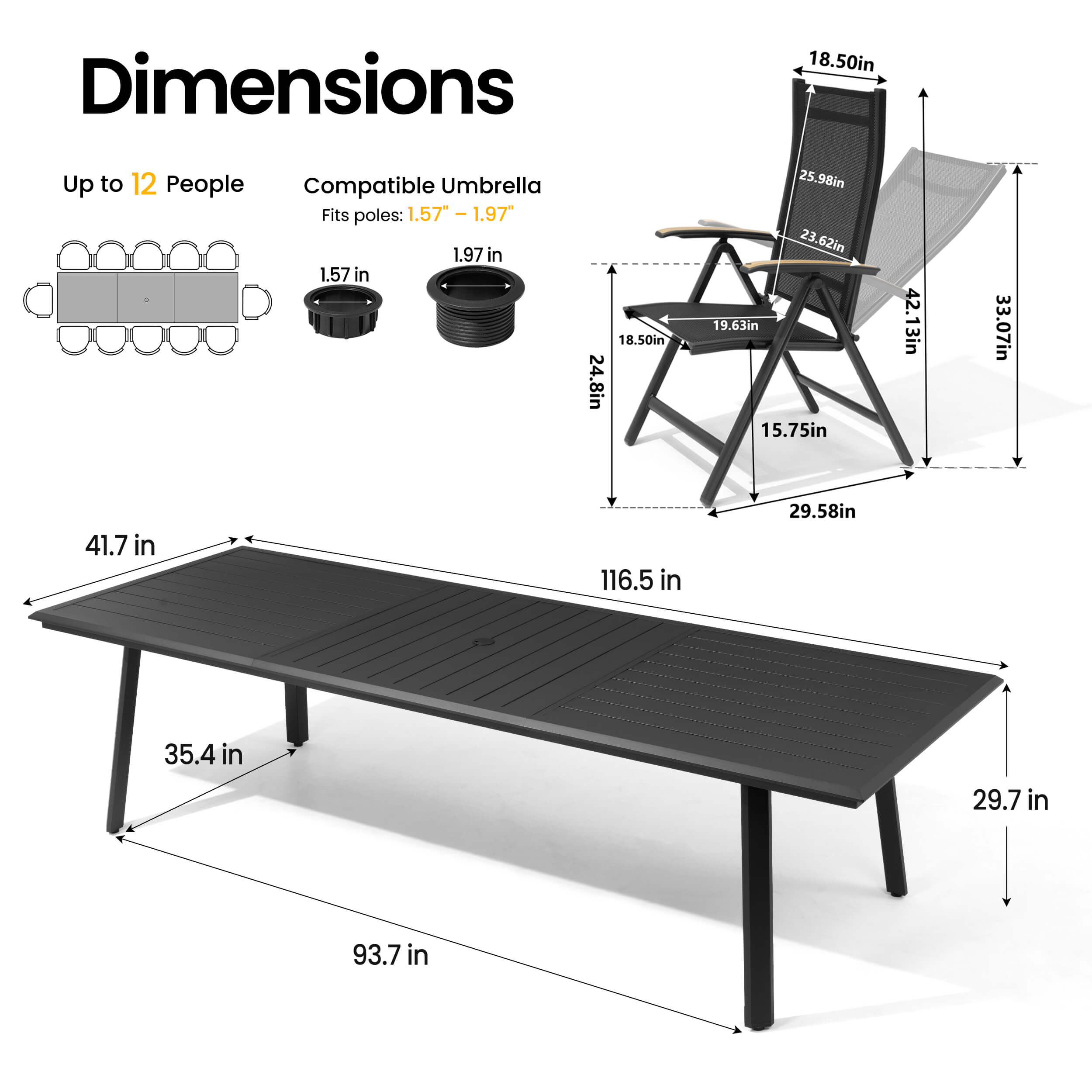 Dimensions of 116.5" patio dining table with umbrella hole and adjustable textilene chair.