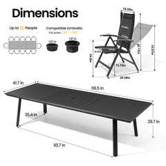 Dimensions of 116.5" patio dining table with umbrella hole and adjustable textilene chair.
