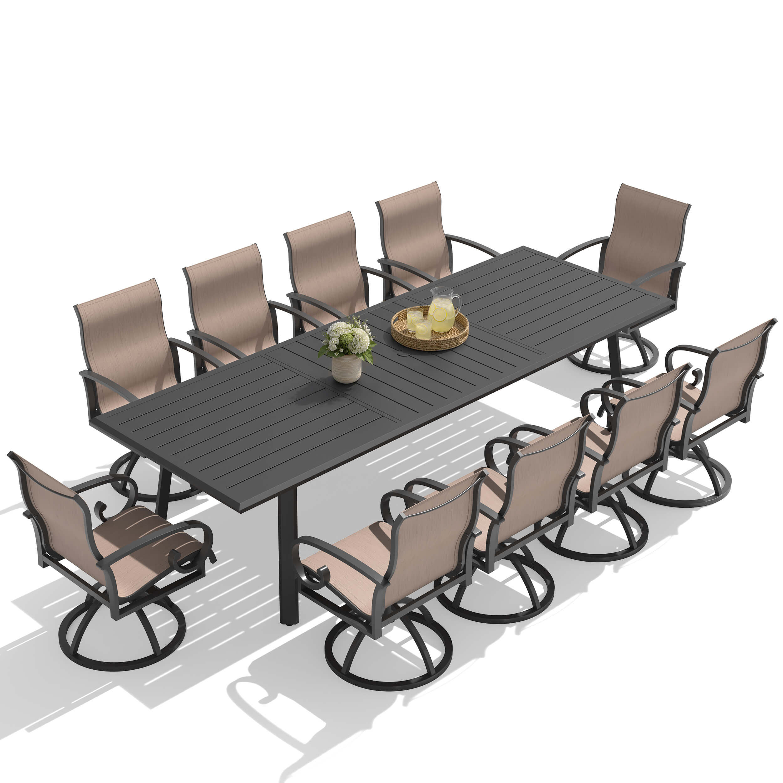 11-piece patio dining set with aluminum expandable table and 10 swivel Sunbrella chairs.