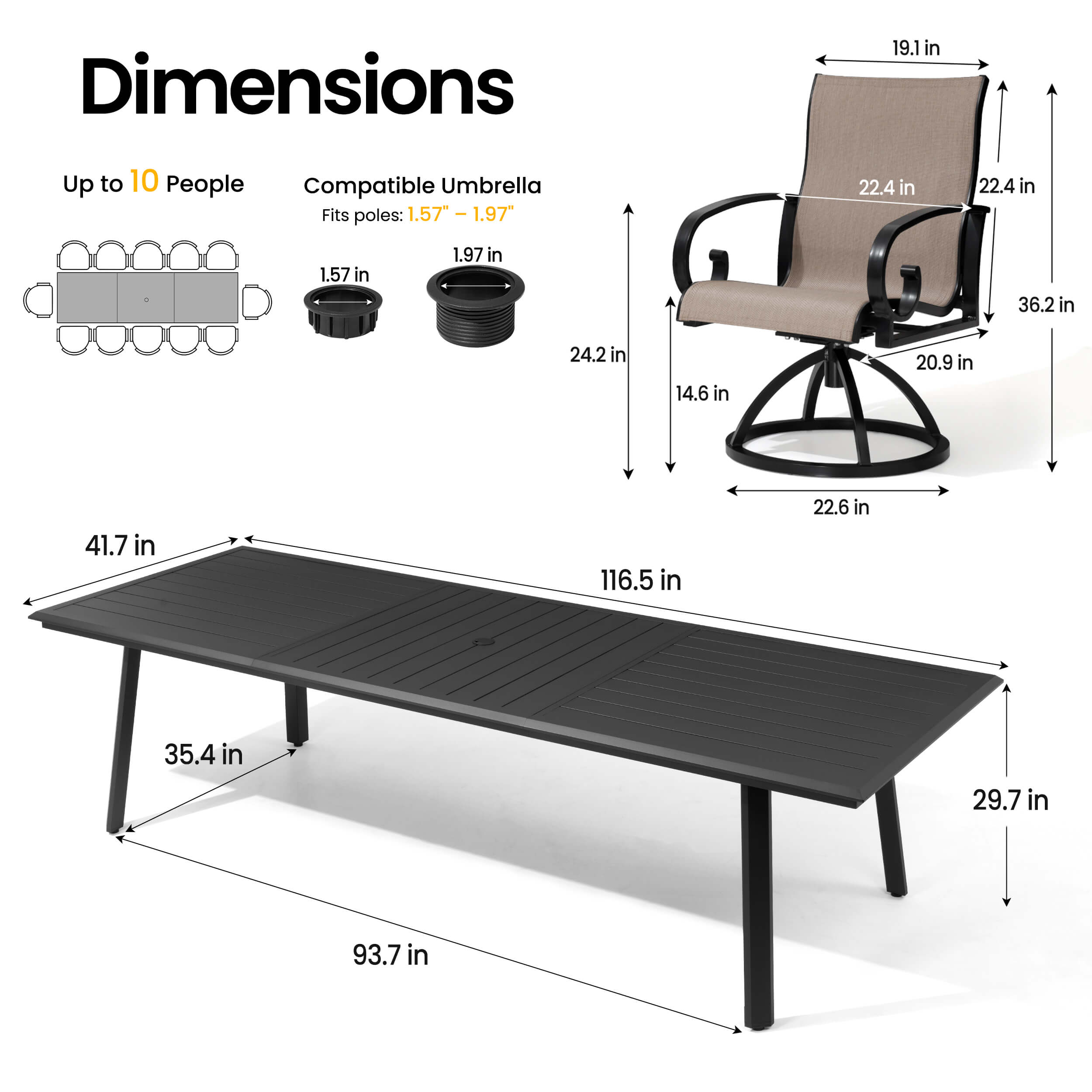Dimensions of 116.5" patio dining table with umbrella hole and swivel Sunbrella chair.