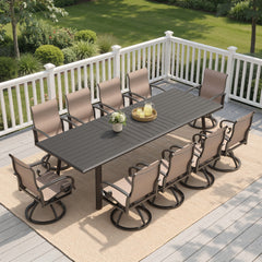 11-piece patio dining set with aluminum expandable table and 10 swivel Sunbrella chairs on deck.