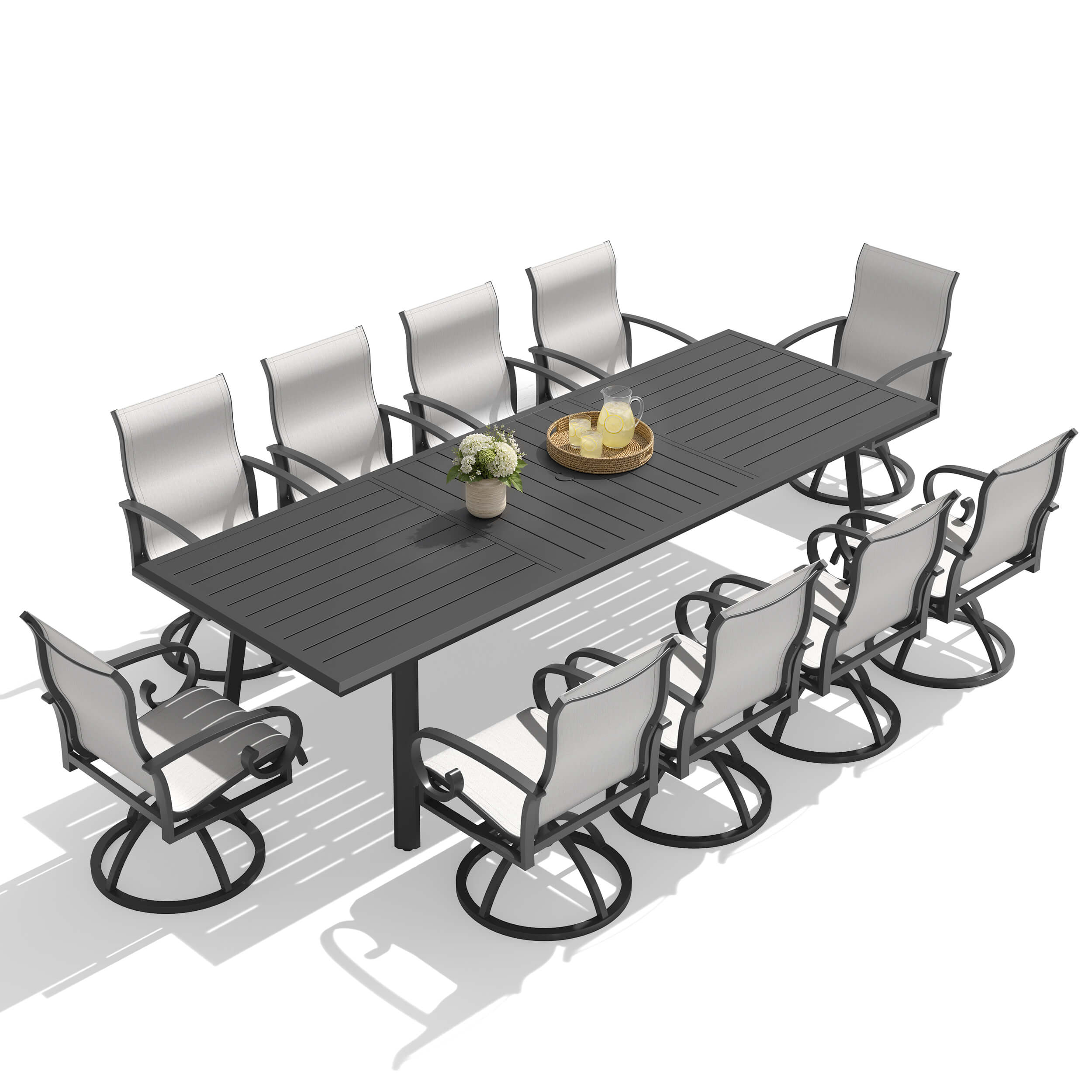 11-piece patio dining set with aluminum expandable table and 10 grey swivel Sunbrella chairs.