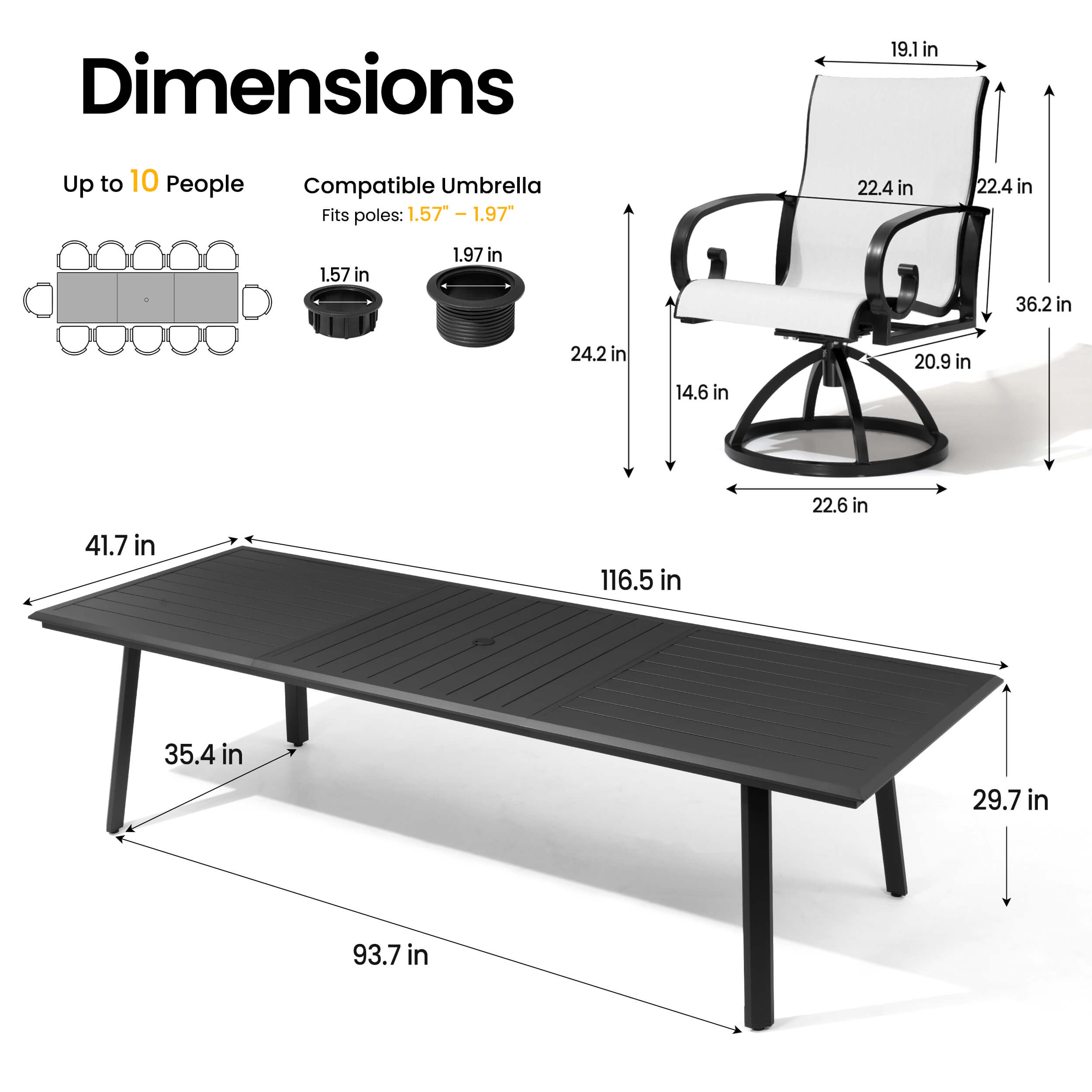 Dimensions of 116.5" patio dining table with umbrella hole and grey swivel Sunbrella chair.