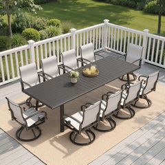 11-piece patio dining set with aluminum expandable table and 10 grey swivel Sunbrella chairs on deck.