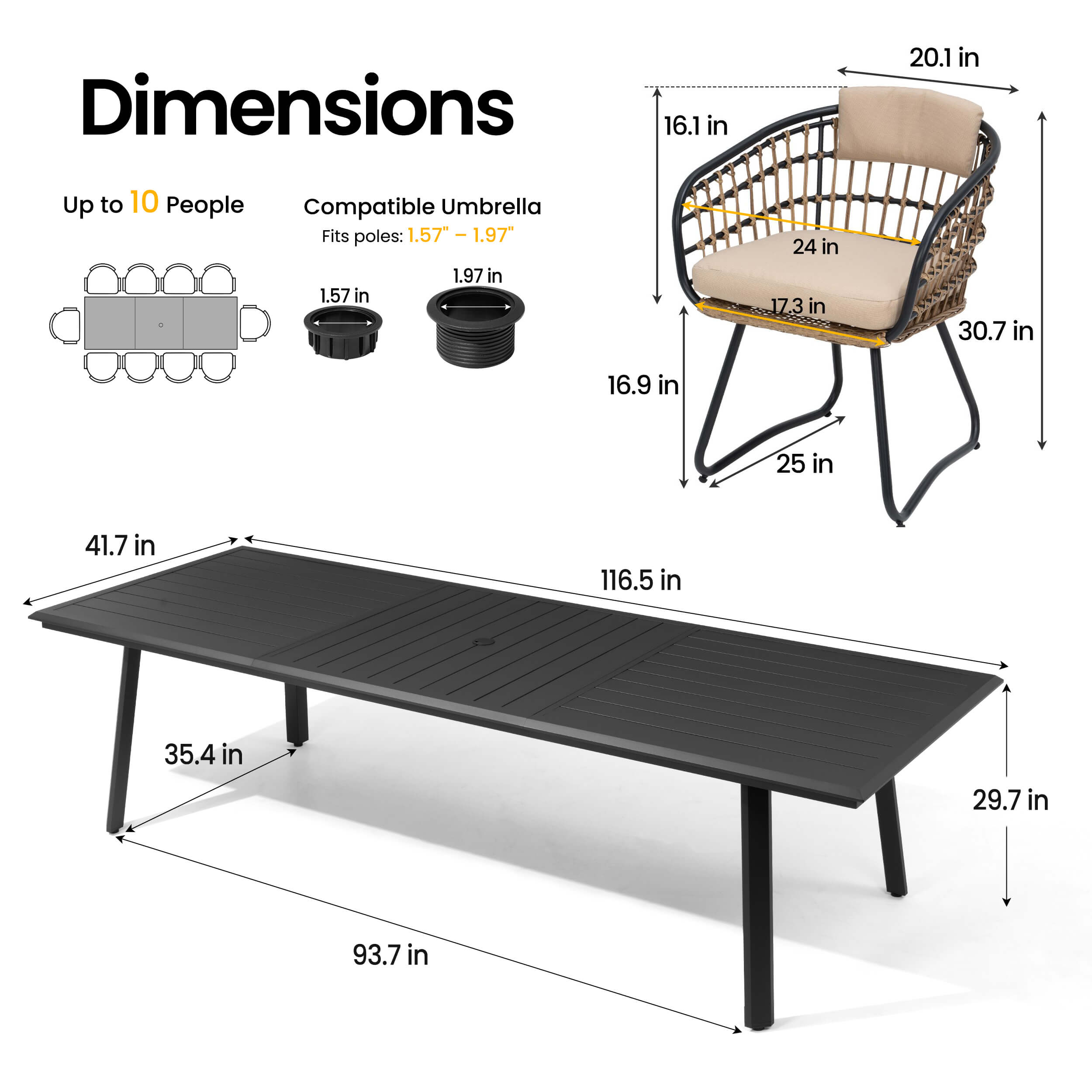 Dimensions of 116.5" patio dining table with umbrella hole and PE wicker chair.