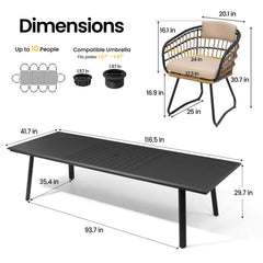 Dimensions of 116.5" patio dining table with umbrella hole and PE wicker chair.