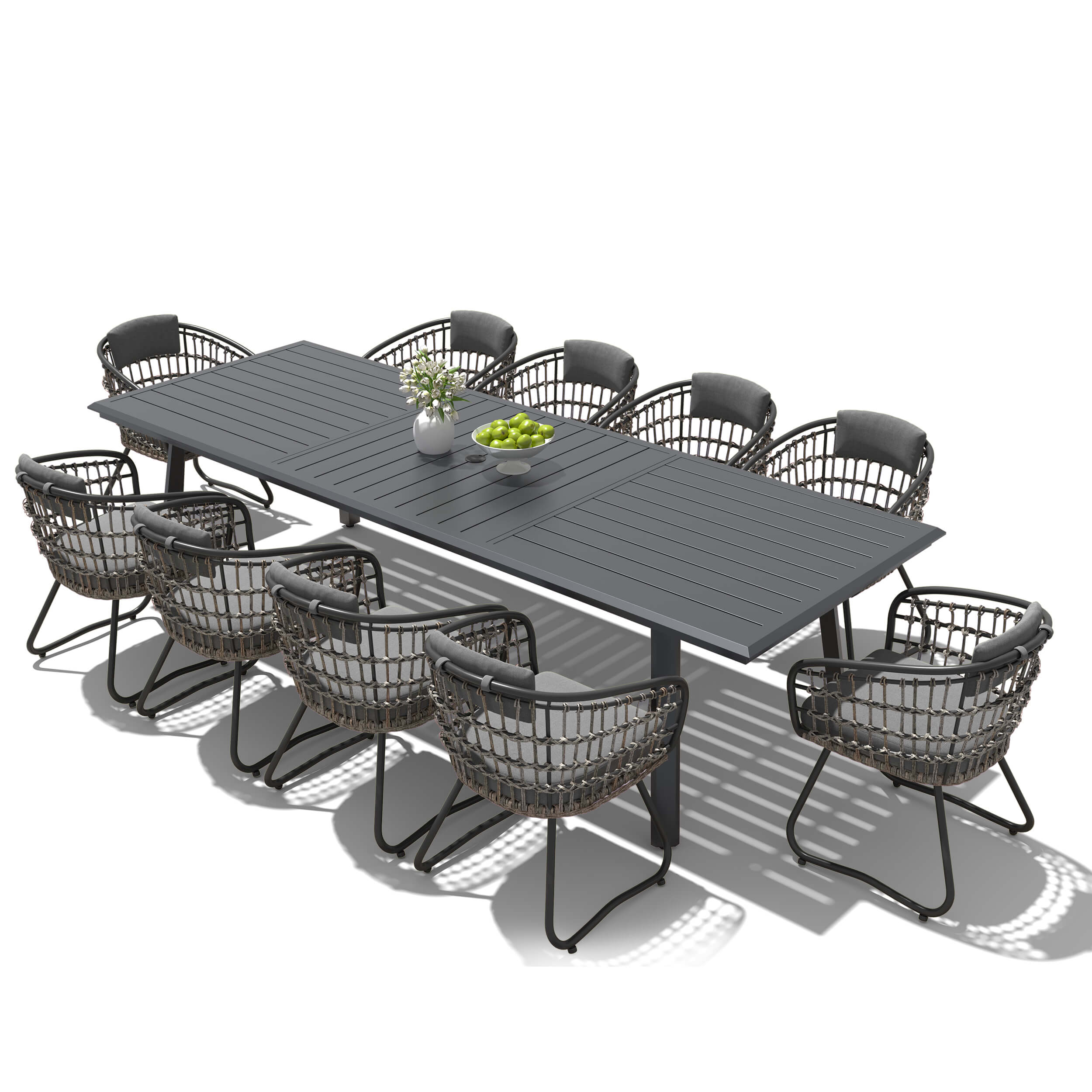 11-piece patio dining set with aluminum expandable table and 10 grey wicker chairs with cushions.