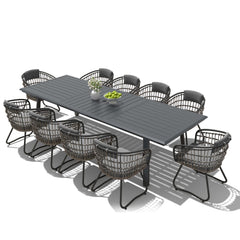 11-piece patio dining set with aluminum expandable table and 10 grey wicker chairs with cushions.