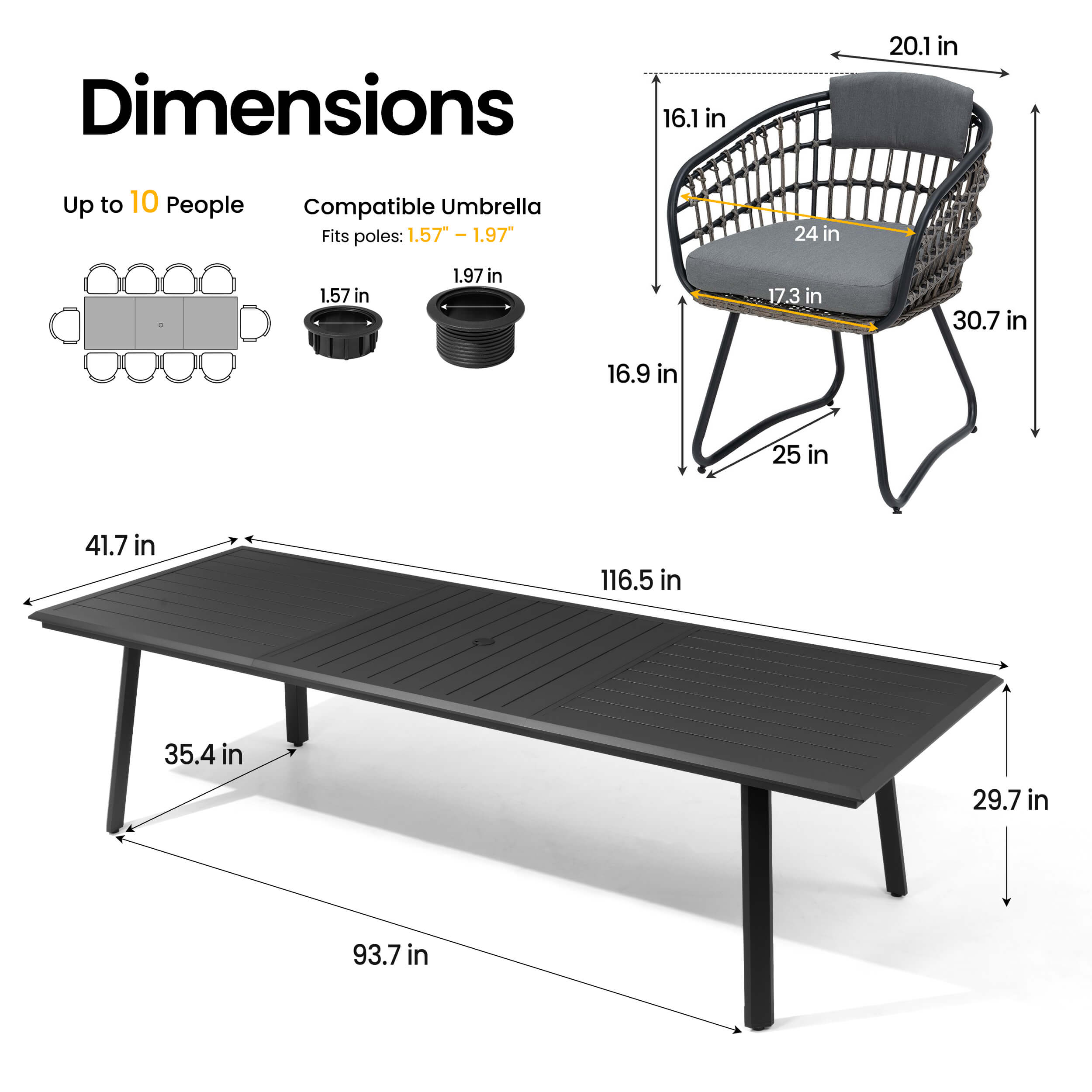Dimensions of 116.5" patio dining table with umbrella hole and grey wicker chair.