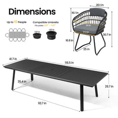 Dimensions of 116.5" patio dining table with umbrella hole and grey wicker chair.