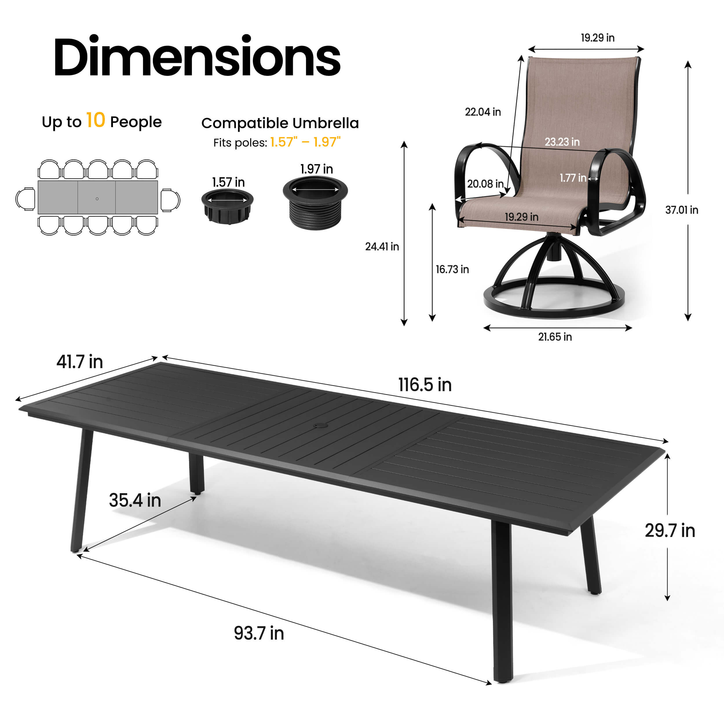 Dimensions of 116.5" patio dining table with umbrella hole and Sunbrella swivel rocker chair.