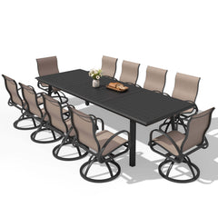 11-piece patio dining set with aluminum expandable table and 10 Sunbrella swivel rockers.
