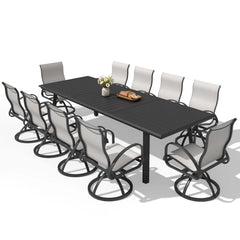 11-piece patio dining set with aluminum expandable table and 10 Sunbrella swivel rockers.