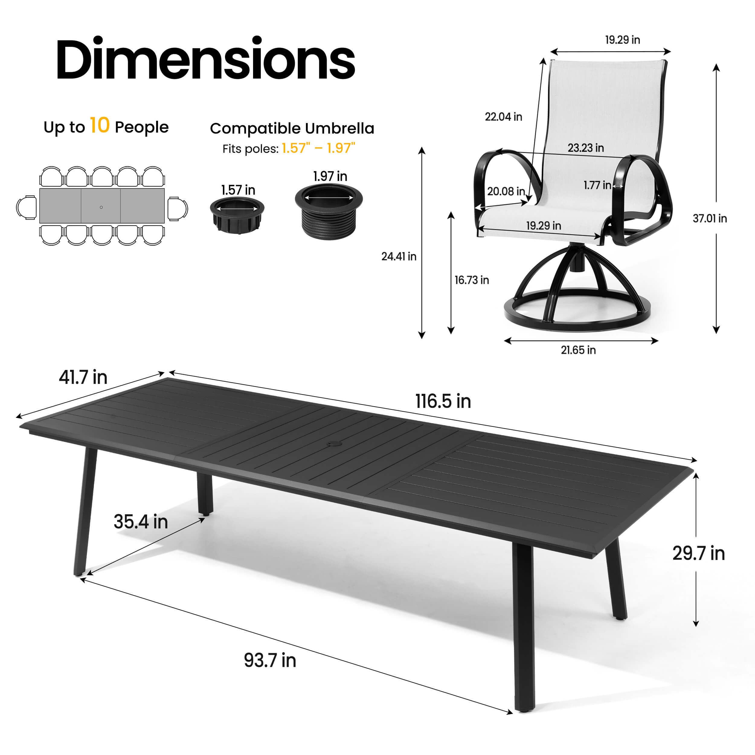 Dimensions of 116.5" patio dining table with umbrella hole and Sunbrella swivel rocker chair.