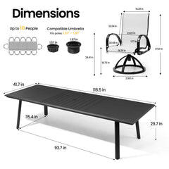 Dimensions of 116.5" patio dining table with umbrella hole and Sunbrella swivel rocker chair.